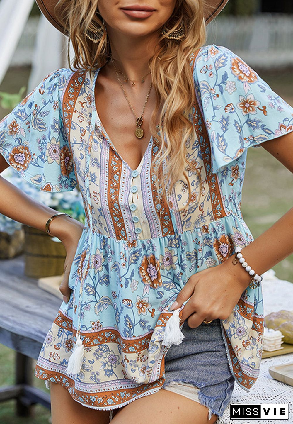 Tie V Neck Peplum Boho Blouse