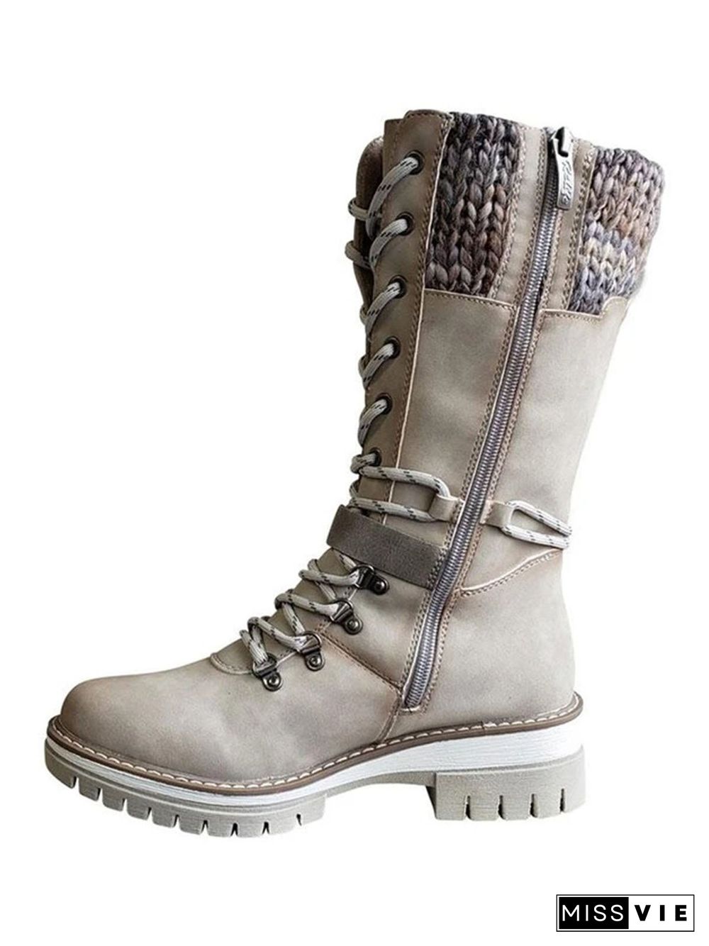 Retro Casual Stitching Zipper Lace-up Combat Boots