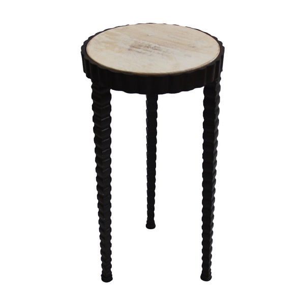 22 Inch Round Wooden Side Table with Tapered Tripod Base， Brown and Black