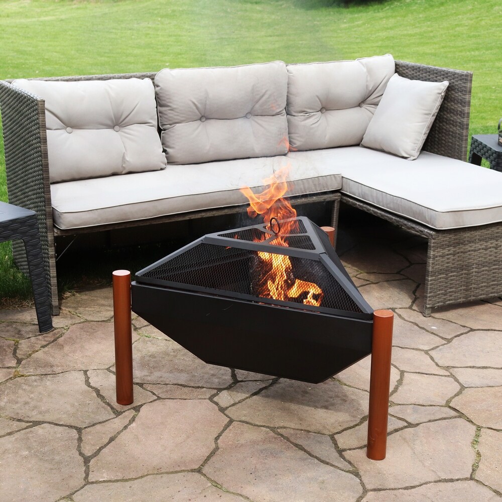 Sunnydaze Steel Outdoor Triangle Fire Pit and Side Table   31 Inch   N/A