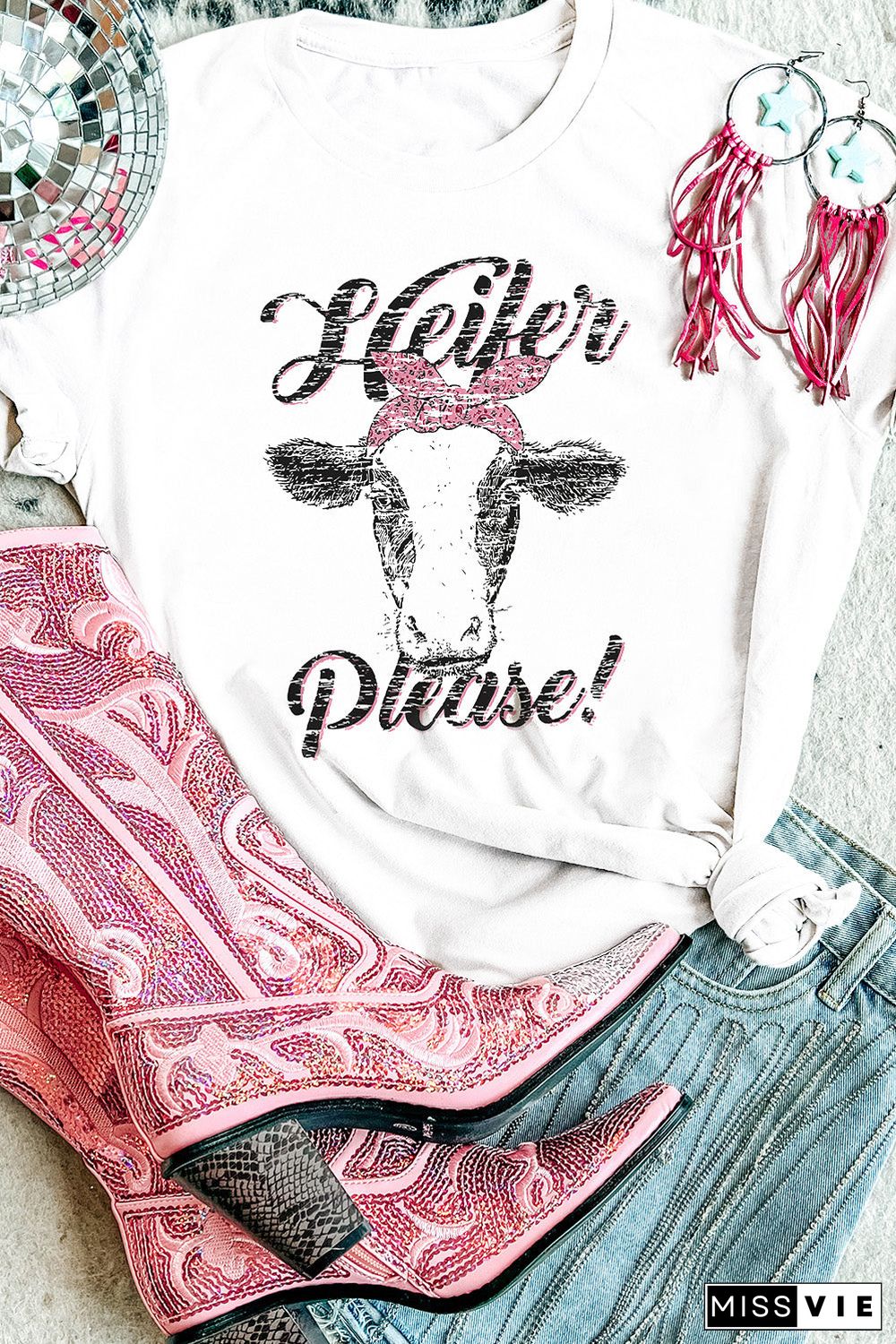 White Heifer Please Cute Graphic Print T Shirt