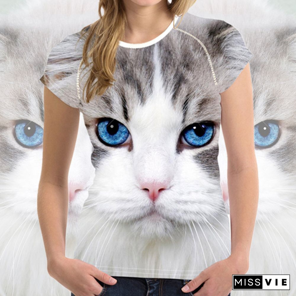 Women's Fashion Summer Casual Short Sleeve Round Neck 3d Printed T-shirt Cute Funny Printing Cat Shirt Tops