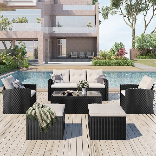 6Piece Patio Outdoor Conversation Set，AllWeather PE Rattan Sectional Sofa with Coffee Table and Ottomans