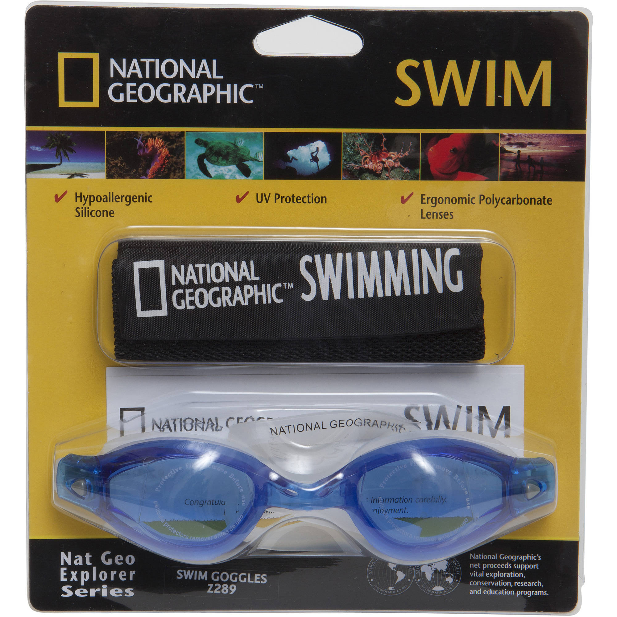 National Geographic Swim Goggle Z289, Hypoallergenic Silicone Goggle Skirt and Strap with Polycarbonate Lens, UV and anti fog protection and Adjustable Strap, Clear Silicone/Blue with Blue Lens