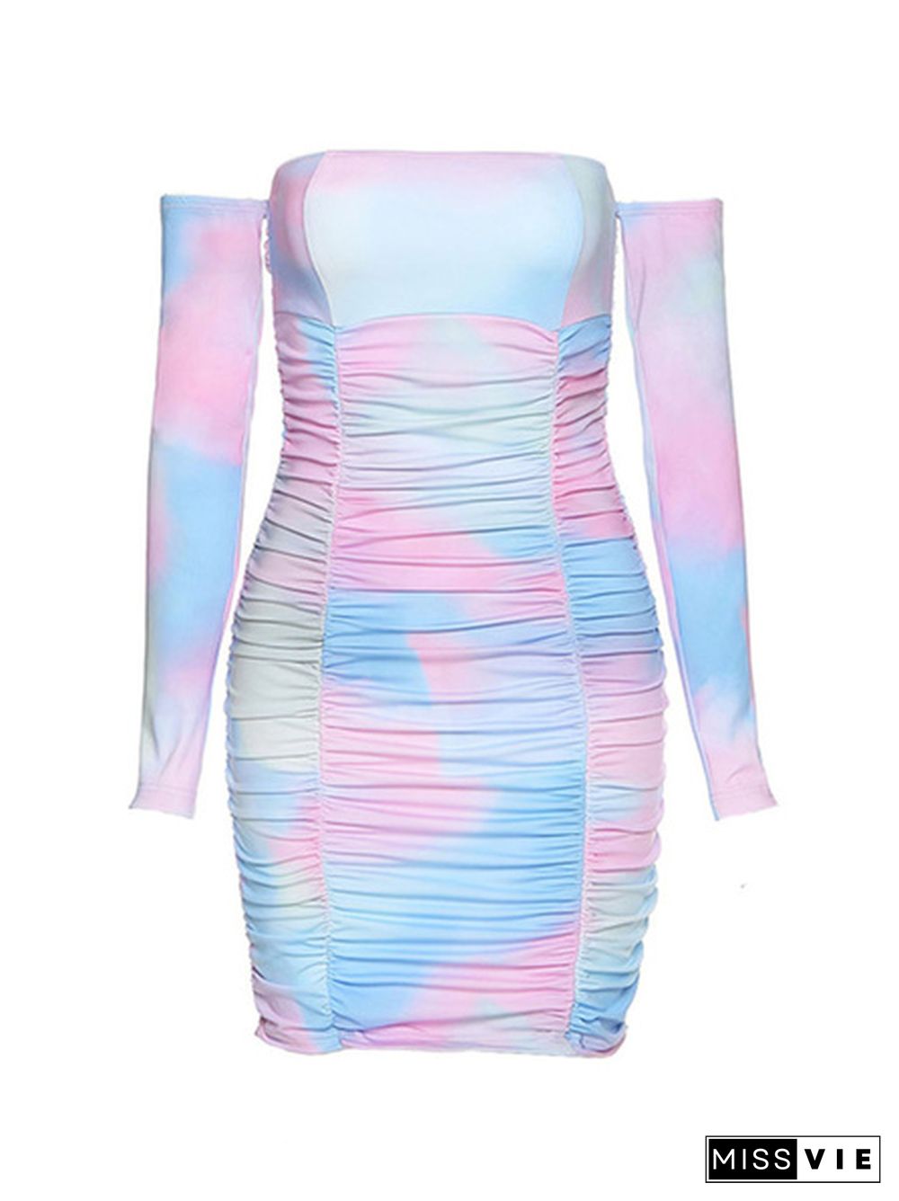 Women Sexy Long Sleeve Off Shoulder Tie-dye Print Dress Fashion Dress for Women Ladies