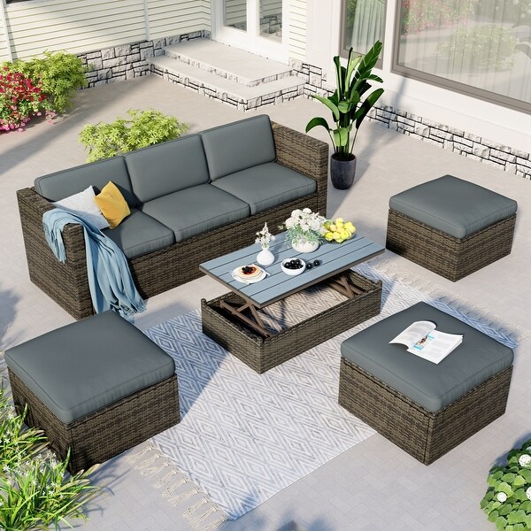 5Piece Patio Wicker Sofa with Adustable Backrest，Cushions，Ottomans and Lift Top Coffee Table