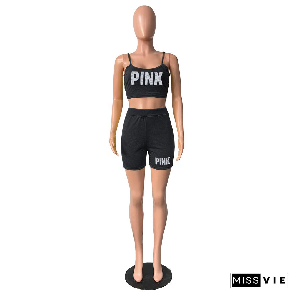 PINK Print Straps Tanks with Shorts 2 Pieces Suits