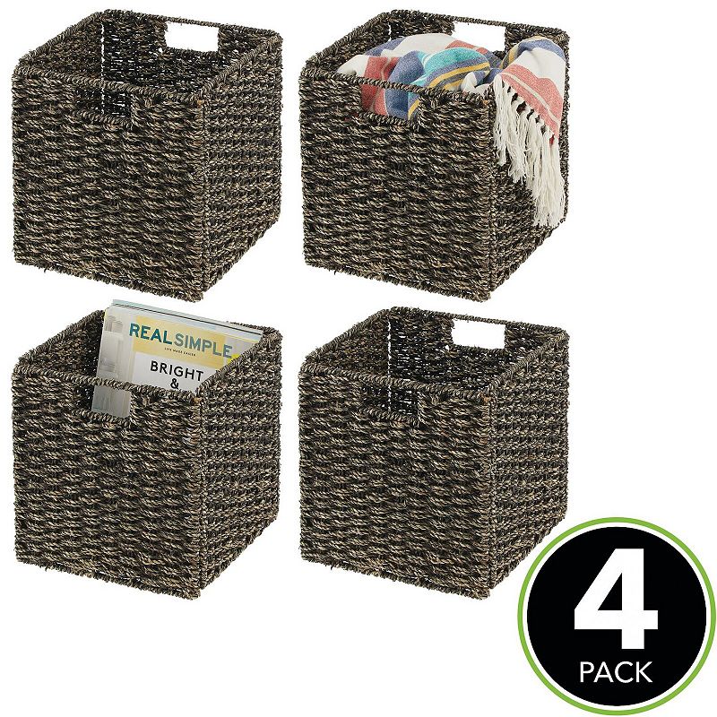 mDesign Seagrass Woven Cube Bin Basket Organizer， Handles， 4 Pack