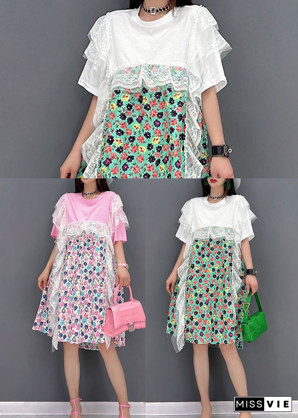 Green Print Lace Patchwork Party Dress O-Neck Short Sleeve