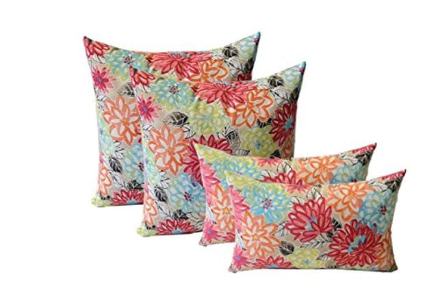 RSH Décor Indoor Outdoor Set of 4 Square Decorative Throw Pillows Weather Resistant 17" x 17" and 20" x 12", Pink, Yellow, Orange, Blue Artistic Floral