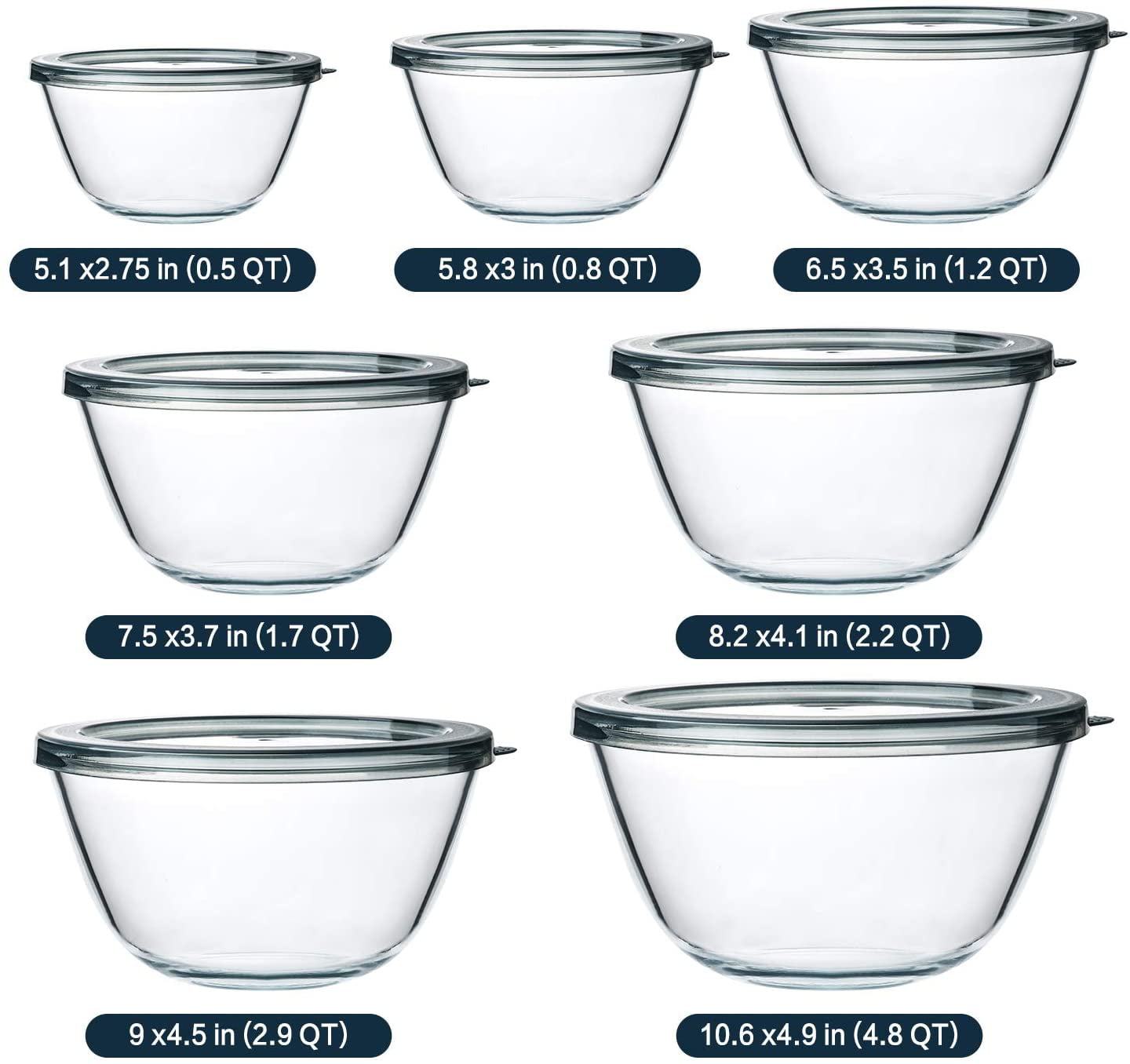 14-Piece Glass Bowls with Lids， Glass Salad Bowls Set - for Meal Prep and Food Storage - Nesting and Microwave Safe