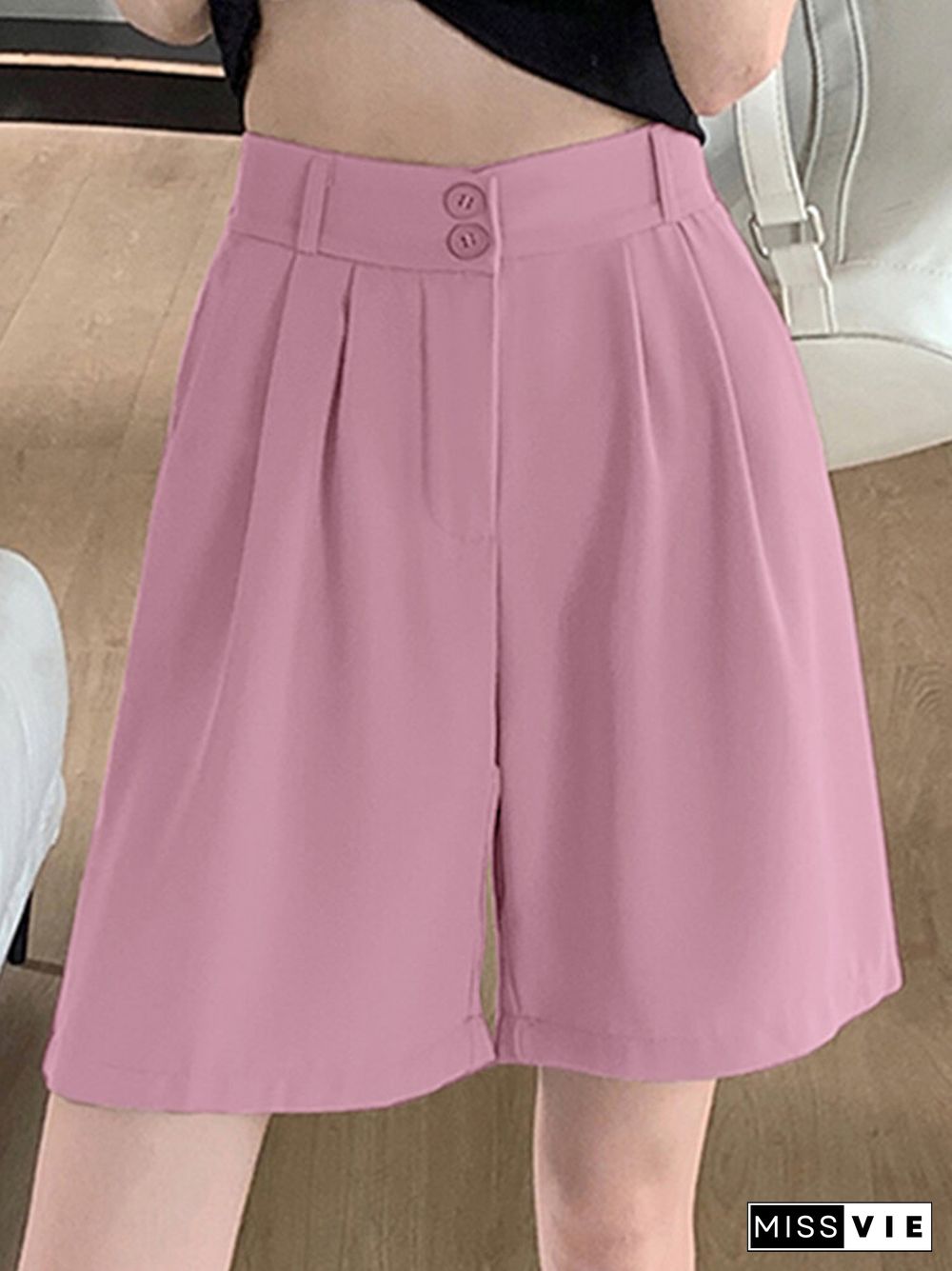 Women Casual Solid Pocket Pleated Wide Leg Shorts