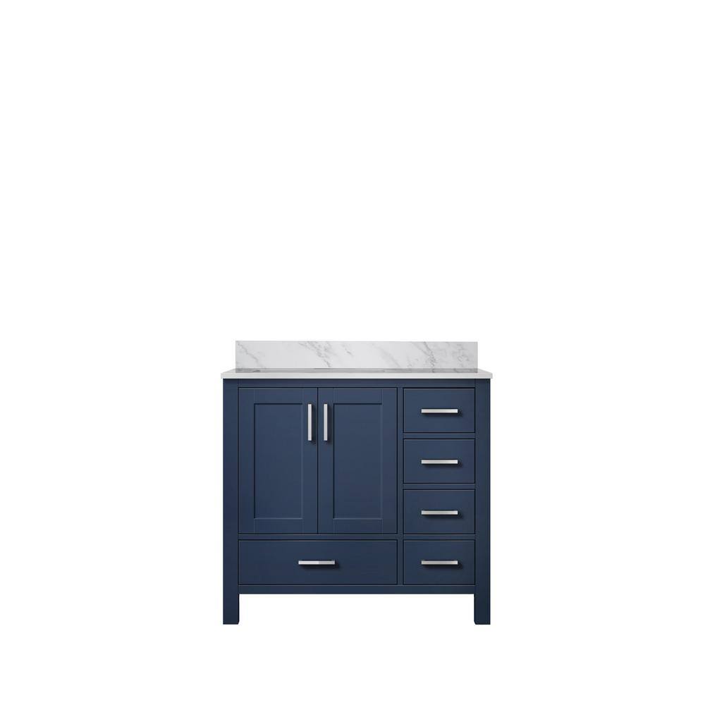 Lexora Jacques 36 in. W x 22 in. D Left Offset Navy Blue Bath Vanity and Carrara Marble Top LJ342236SEDS000L