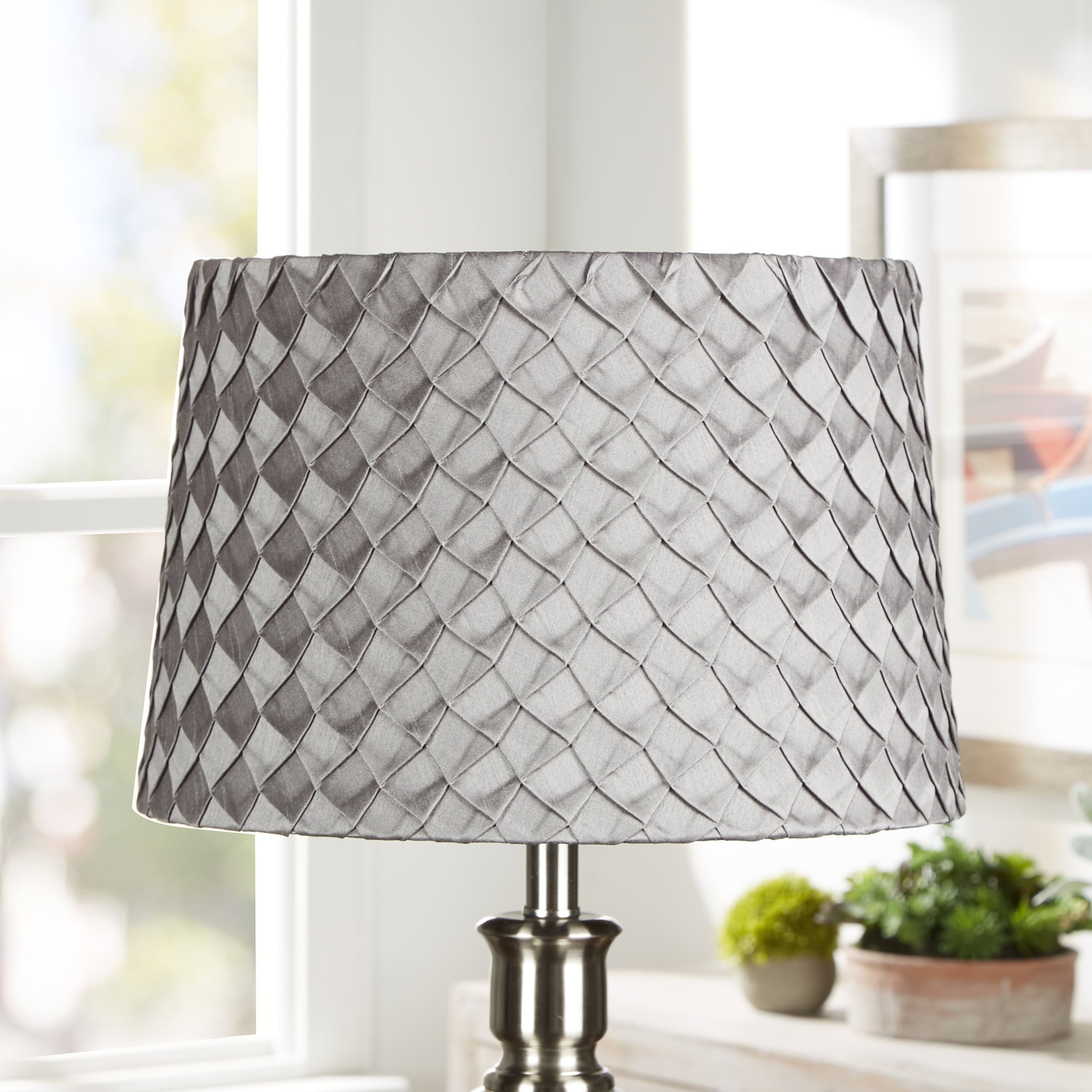 Better Homes and Gardens Pleated Faux Silk Drum Lamp Shade， Grey Finish