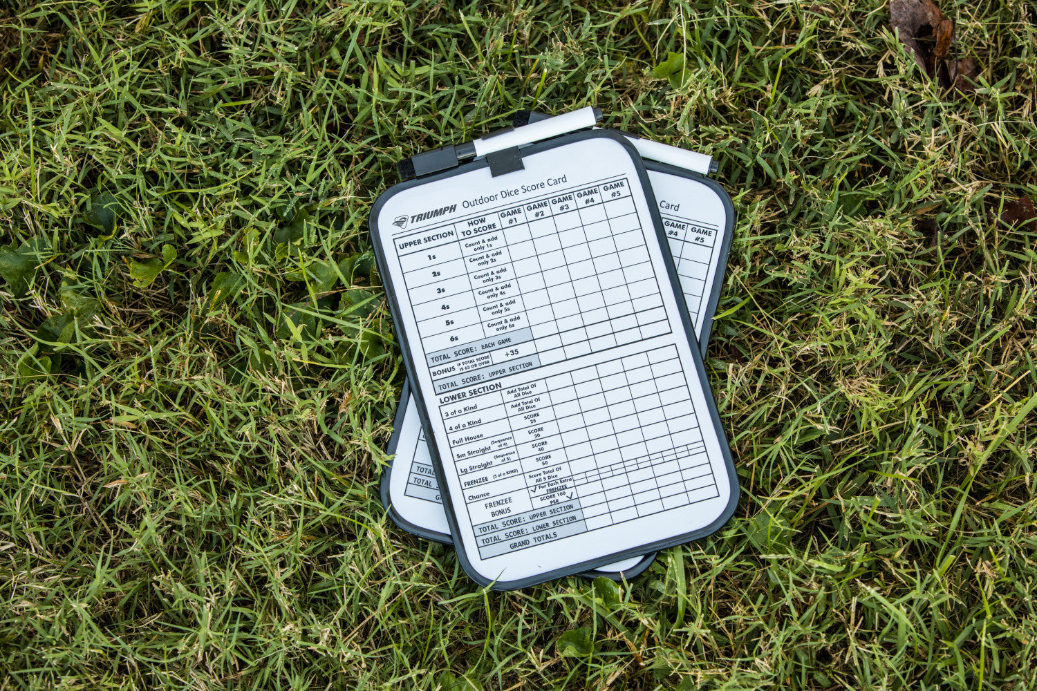 Triumph Big Roller Six Large Wooden Lawn Dice Set for Outdoor Use with Included Dry-Erase Scorecards， Markers， and Carry Bag