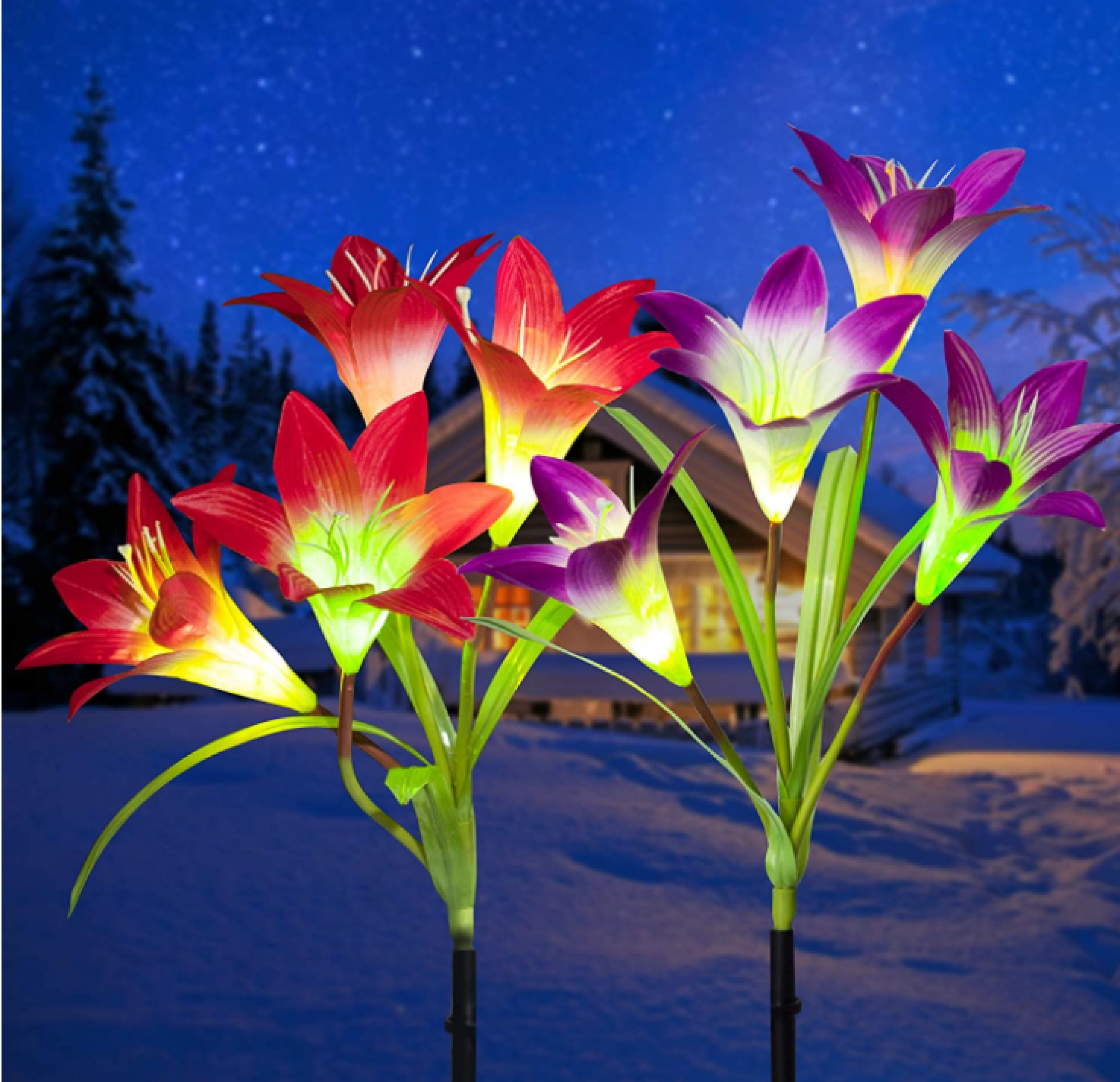 Outdoor solar garden lights - 2 lilies， multi-color changing LED solar lights for garden， patio， backyard (purple and pink)