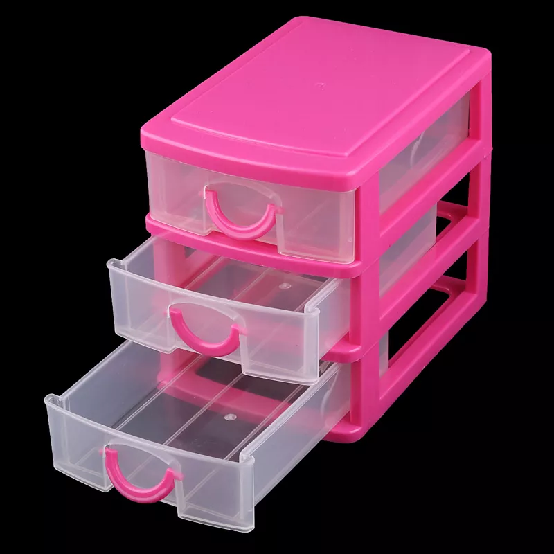 Home Dresser Plastic 3 Layers Trinket Cosmetic Holder Desk Storage Box Fuchsia