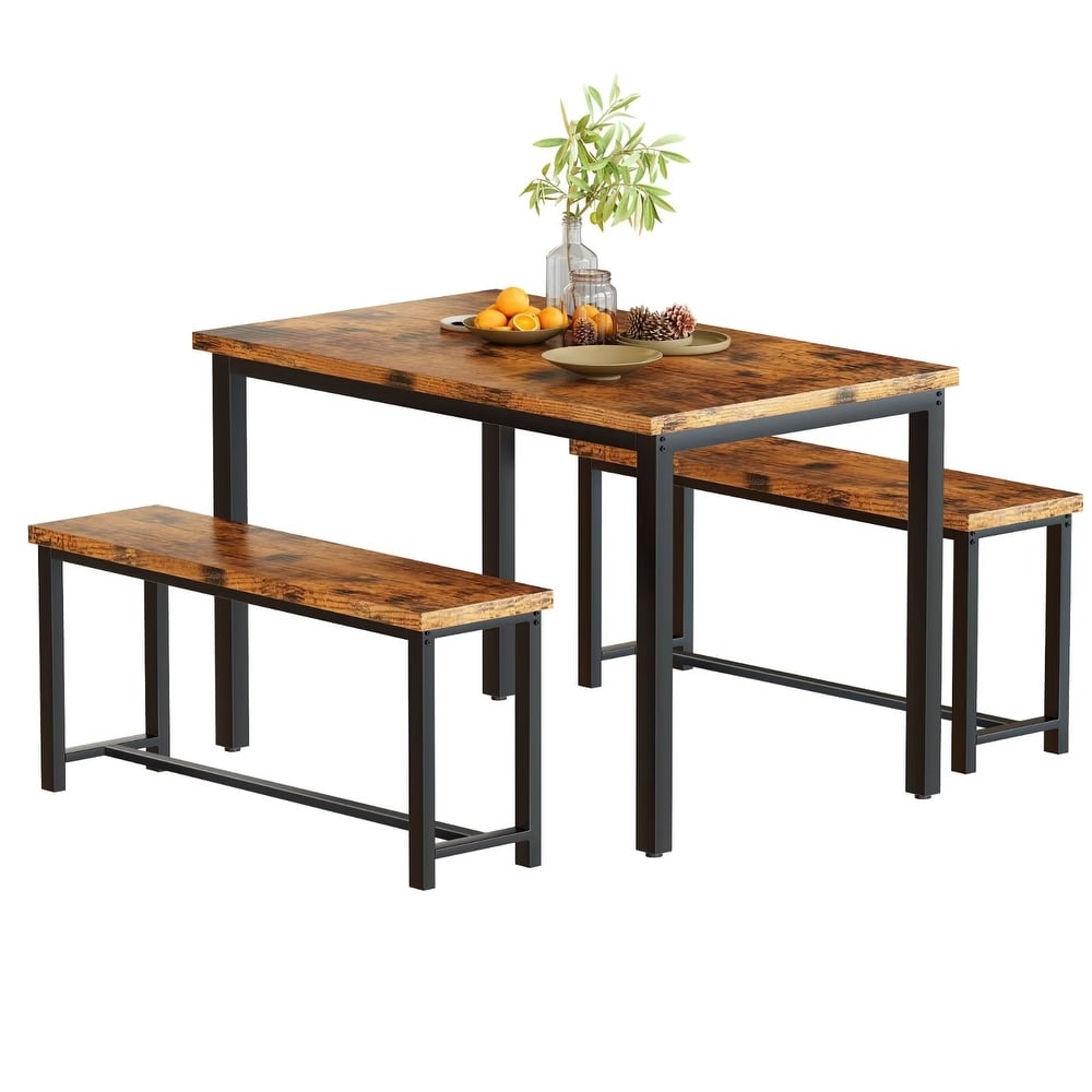 Industrial 3 Piece Dining Table Set  Retro Wood Kitchen Table Set with 2 Benches for Home Kitchen  Dining Room  Restaurant