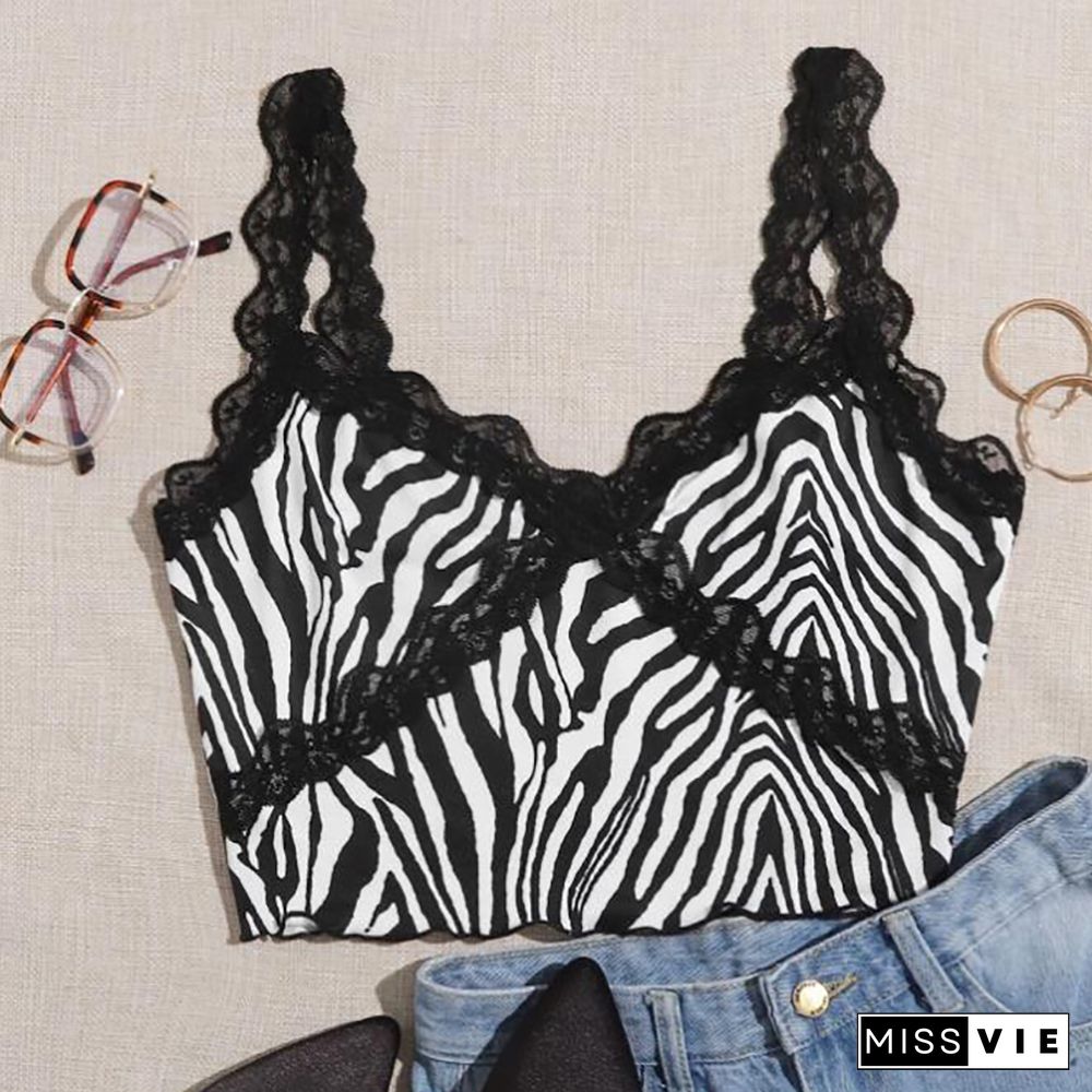 Zebra Striped Camisole Sexy Lace Trim V-Neck Suspender Tops Women's Vest Lace Straps Slim Crop Tops Party Club Summer Camis