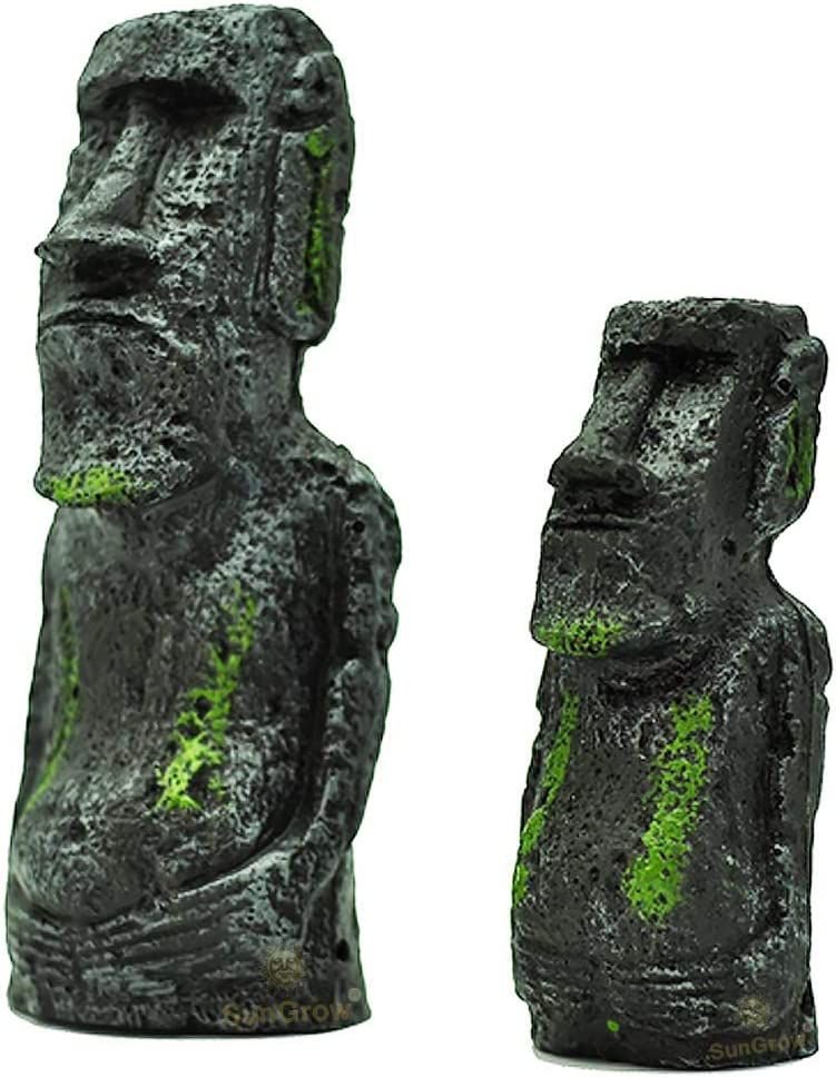 SunGrow Betta Fish Moai Easter Island Head Aquarium Ornament， 2-pack， 7-in and 5-in