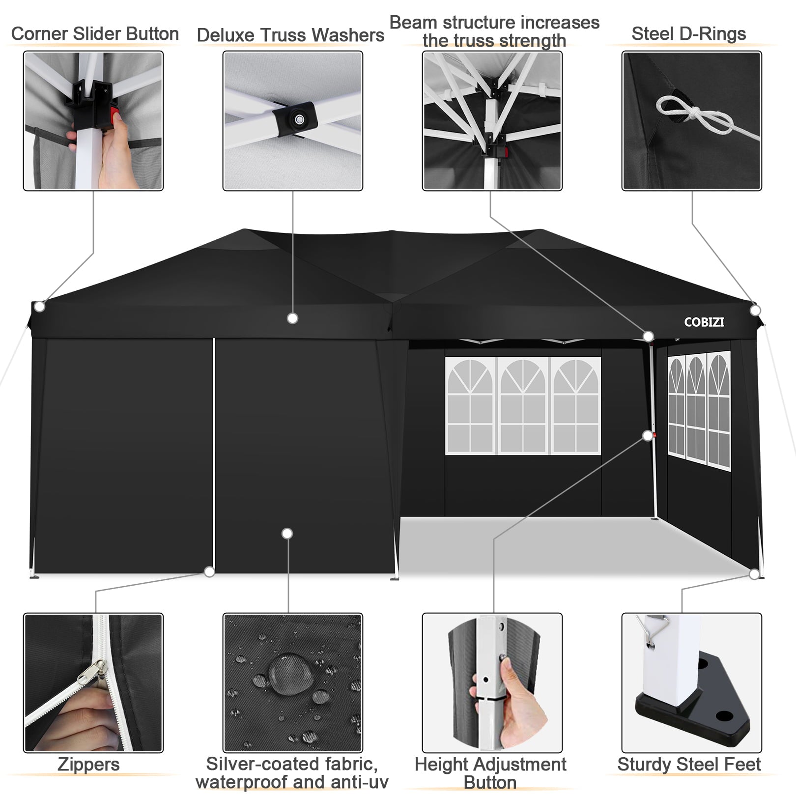 10 x 20ft Pop Up Canopy Tent Instant Outdoor Party Canopy Straight Leg Commercial Gazebo Tent Shelter with 6 Removable Sidewalls and Carrying Bag, Black