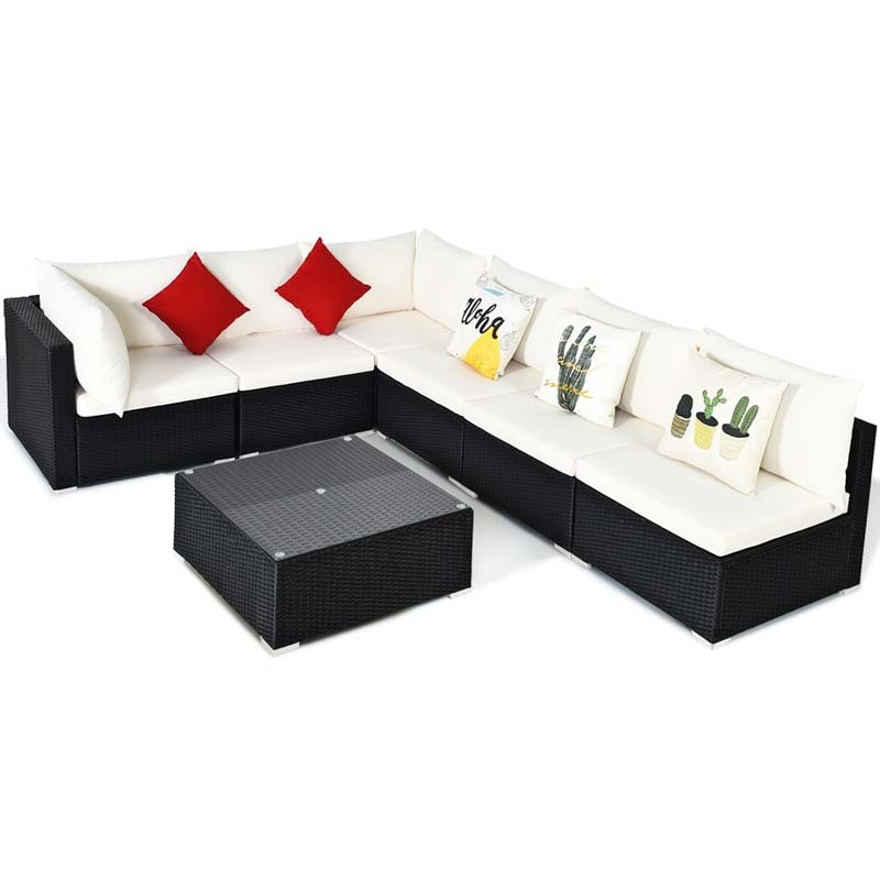 7 Pcs Rattan Patio Furniture Sectional Sofa Set Outdoor Wicker Conversation Set with Back & Seat Cushions Pillows