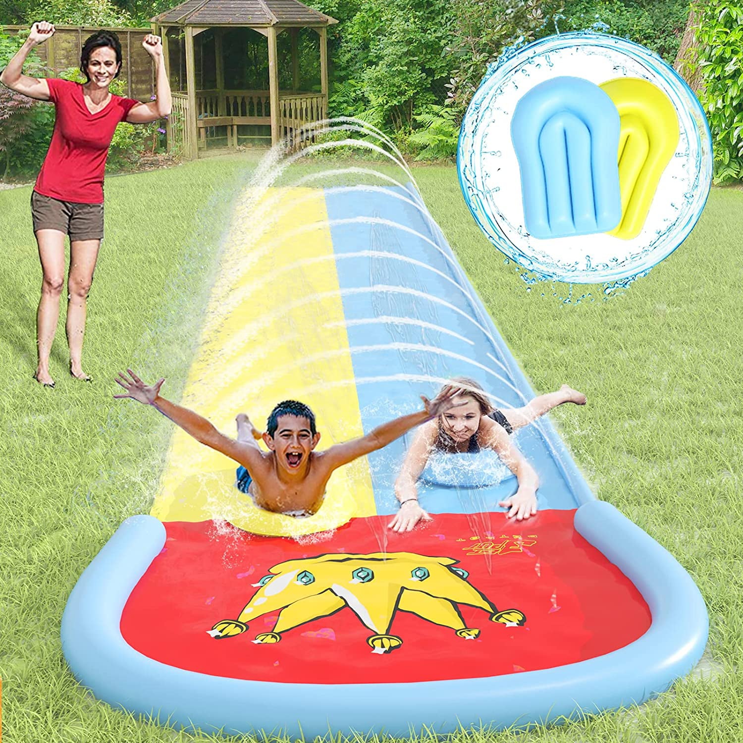 Lavinya “Crown Scramble” Slip and Slide for Kids Family - 20FT Water Slides for Backyard with 2 Body boards, Summer Toy with Build in Sprinkler for Lawn Water Toys Play