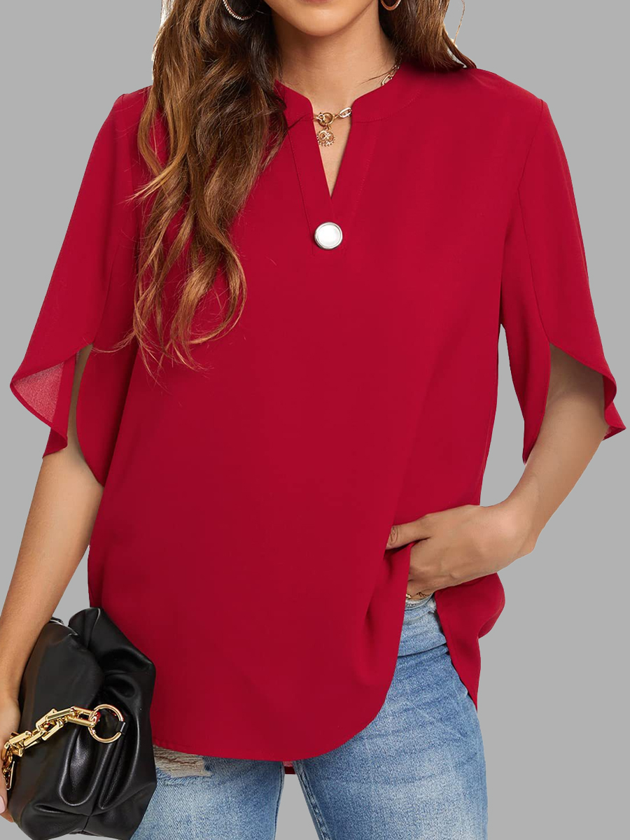 Casual Solid Color Button V-Neck Short Sleeve Blouse