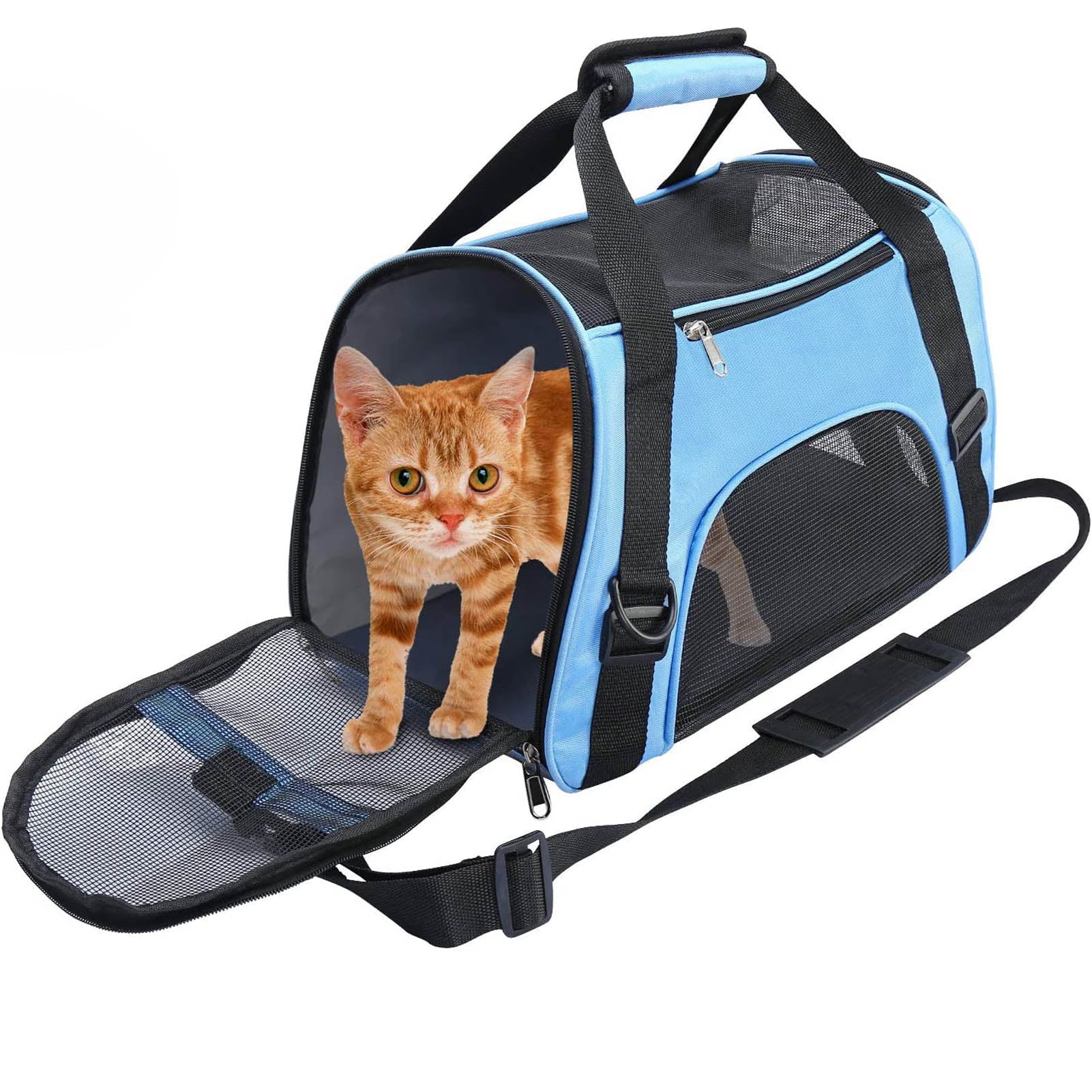 Soft Pet Carrier Airline Approved Soft Sided Pet Travel Carrying Handbag Under Seat Compatibility， Perfect for Cats and Small Dogs Breathable 4-Windows Design (Blue)