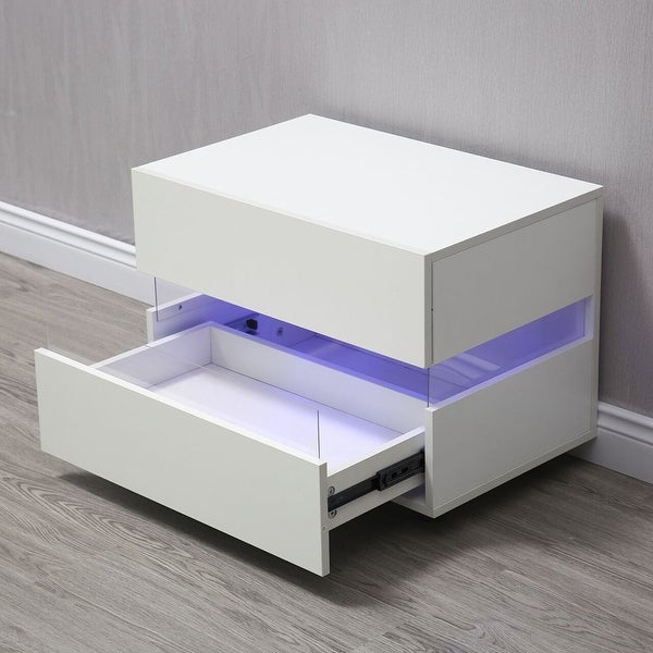 LED Modern Glossy Nightstand With 2 Drawers Bedside Night Light - - 36335243