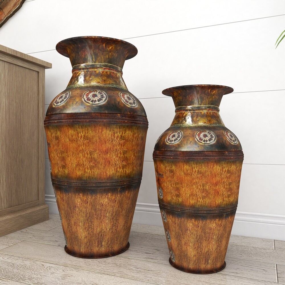 Brown Metal Indoor Outdoor Large Vase with Floral Relief (Set of 2)