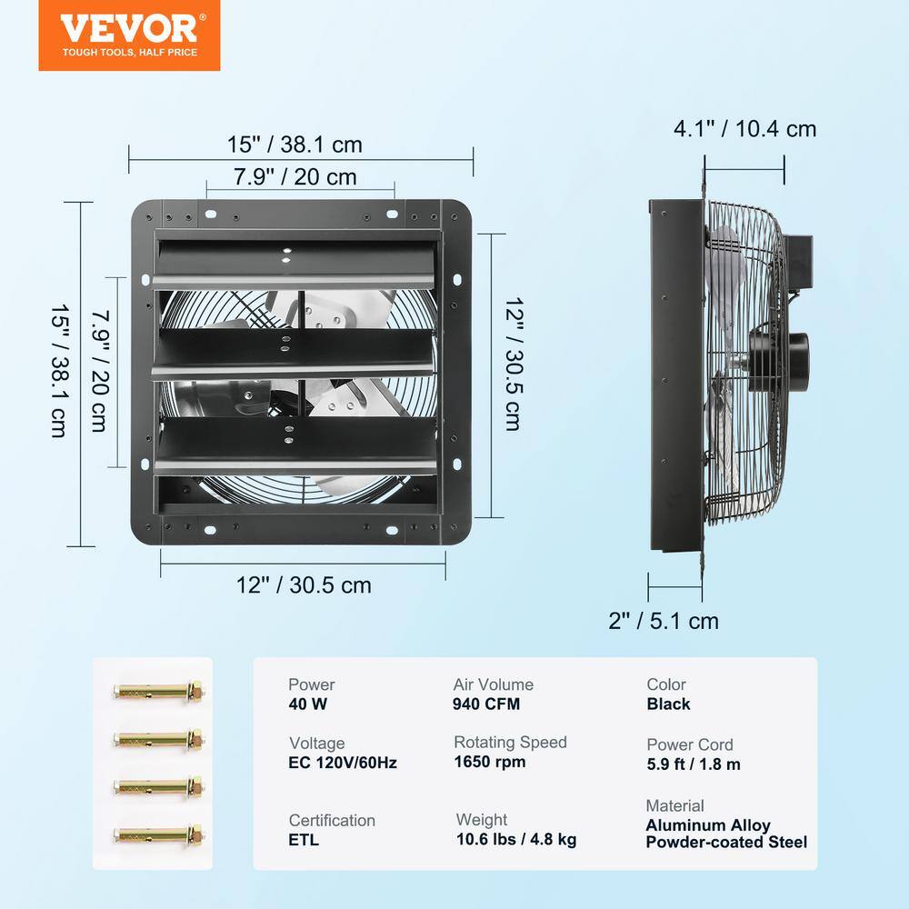 VEVOR Shutter Exhaust Fan 12 in.940 CFM 10-Speed Adjustable Wall Mount Attic Fan Ventilation and Cooling for Greenhouses BYCSPQSDJEC12J2DNV1