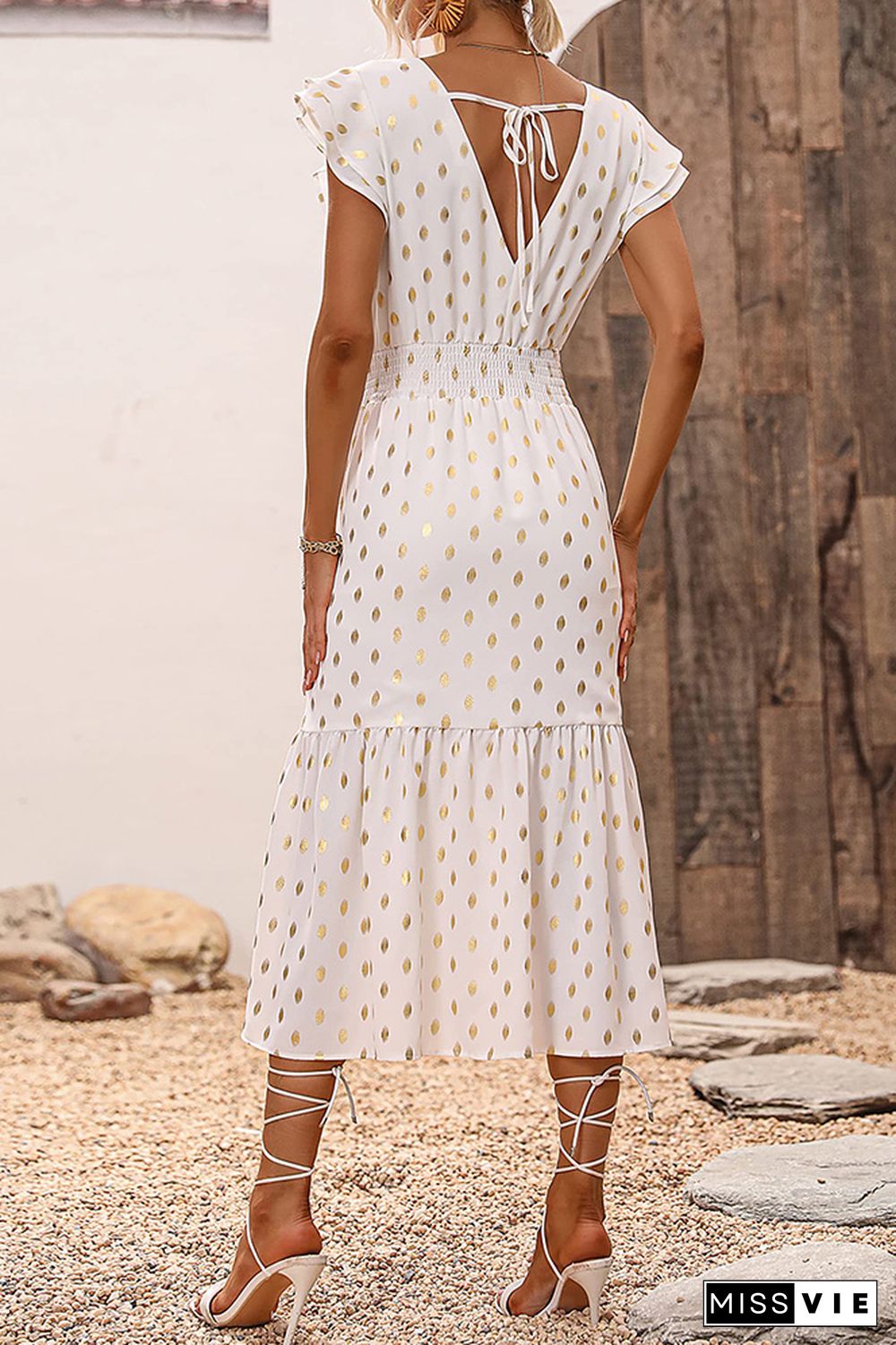 V Neck Foil Spot Print High Waist Midi Dress