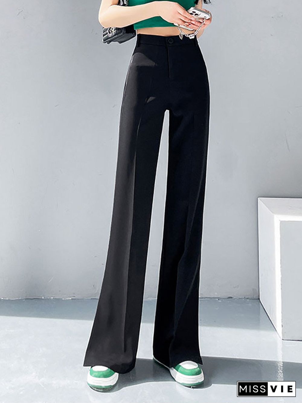 High Waist Solid Double Slit Hem Casual Pants