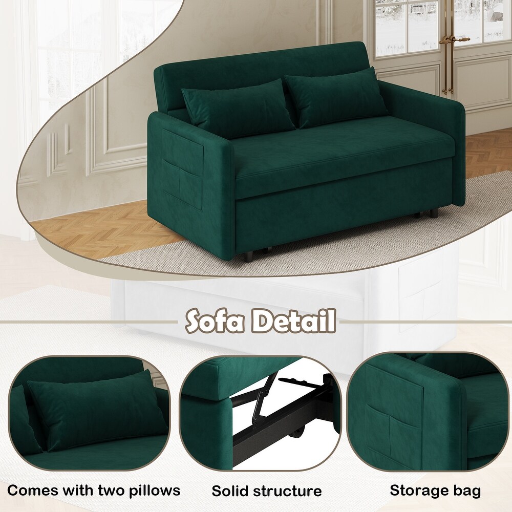 Modern Sleeper Loveseat with Pull out Sofa Bed  Pillows for Living Room  Velvet Folding Loveseat Recliner Bed with Pocket  Green