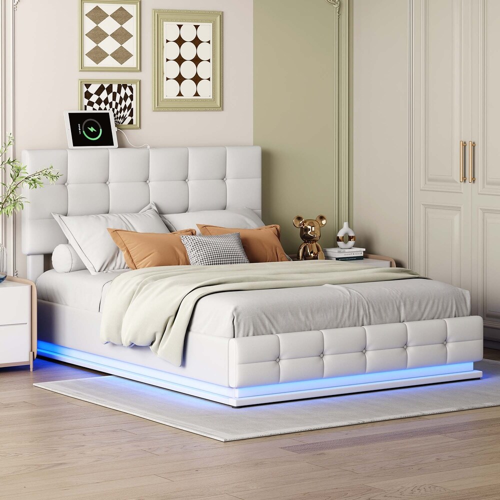 Tufted Upholstered Platform Bed with LED Lights and USB charger