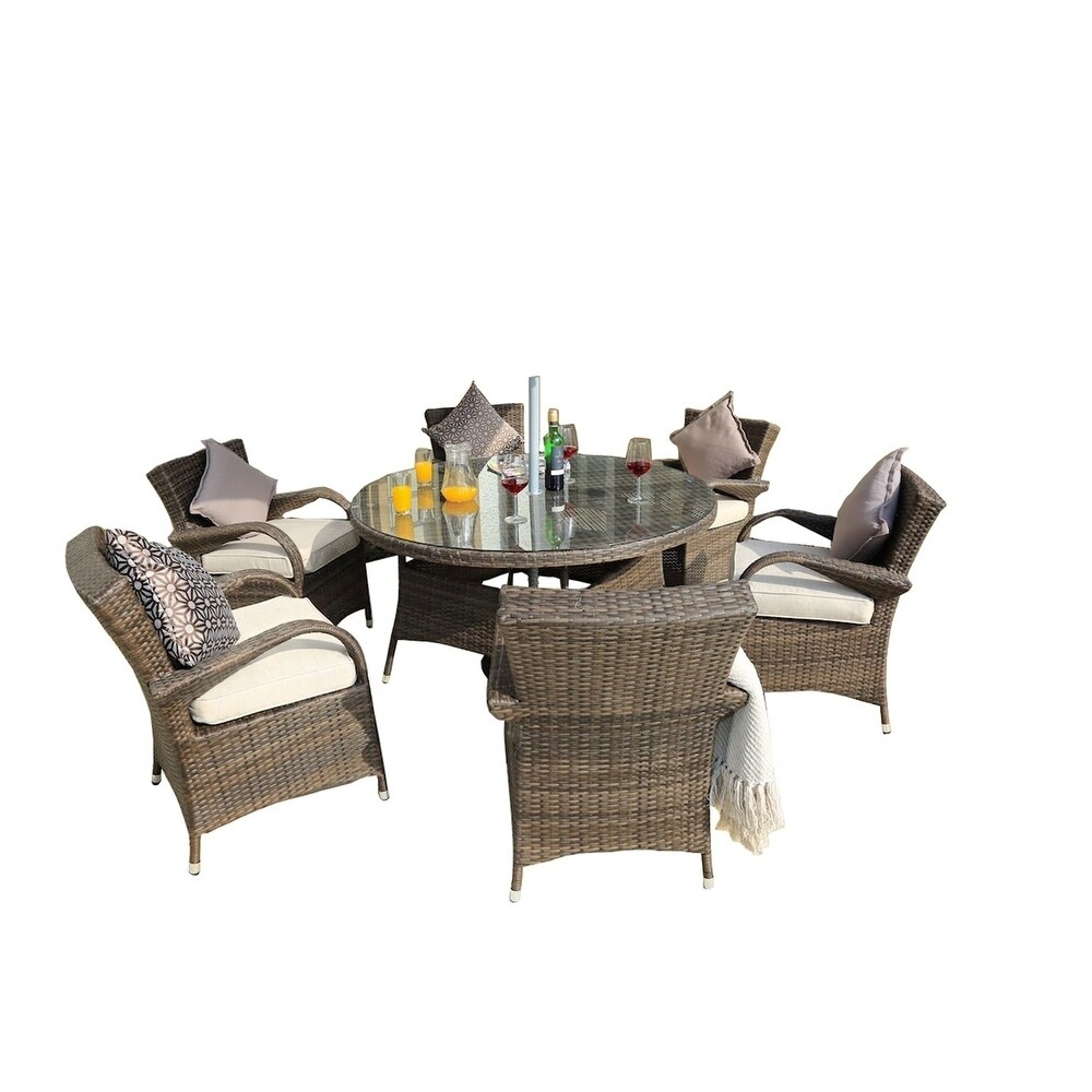 Outdoor 7 Piece Wicker Dining Set Patio Round Table with Eton Chairs