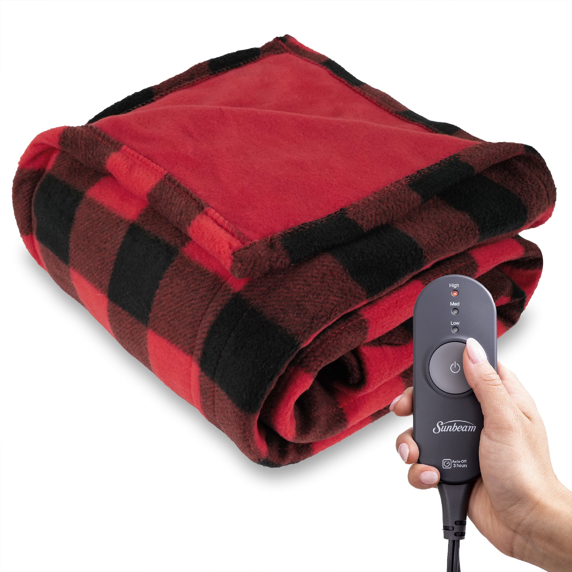 Sunbeam Red Black Buffalo Plaid Fleece Electric Heated Throw， 50