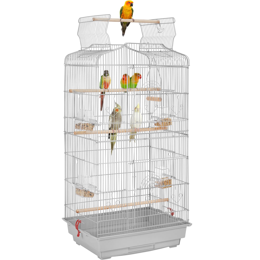 Yaheetech 41''H Open Top Metal Bird Cage Large Parrot Cage with Double Door Design Slide-out Tray Four Feeders， Light Gray