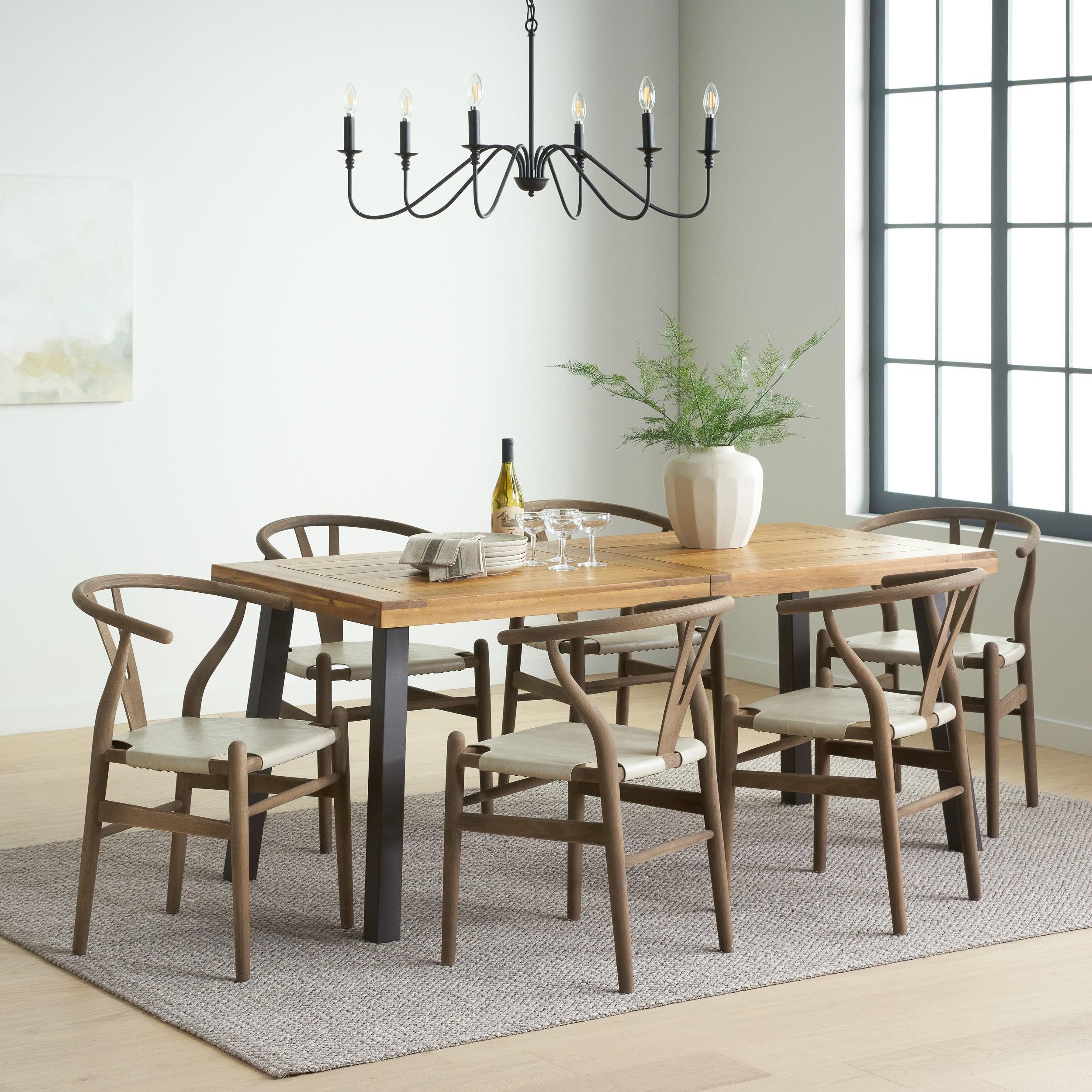 Egan Farmhouse Acacia Wood and Faux Leather 7 Piece Dining Set