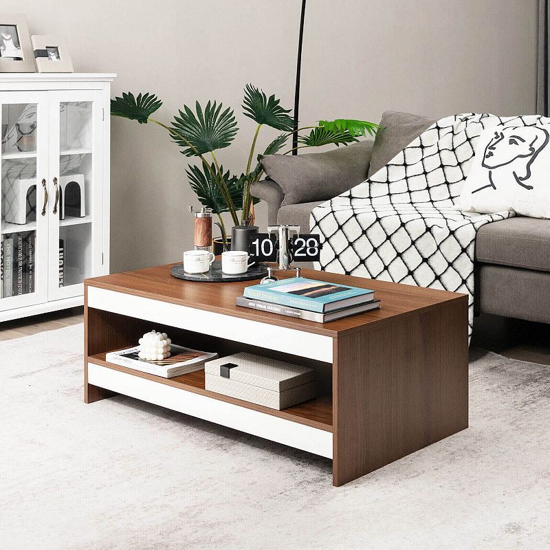 37 Inch 2-Tier Rectangle Wooden Coffee Table with Storage Shelf-Wulnat