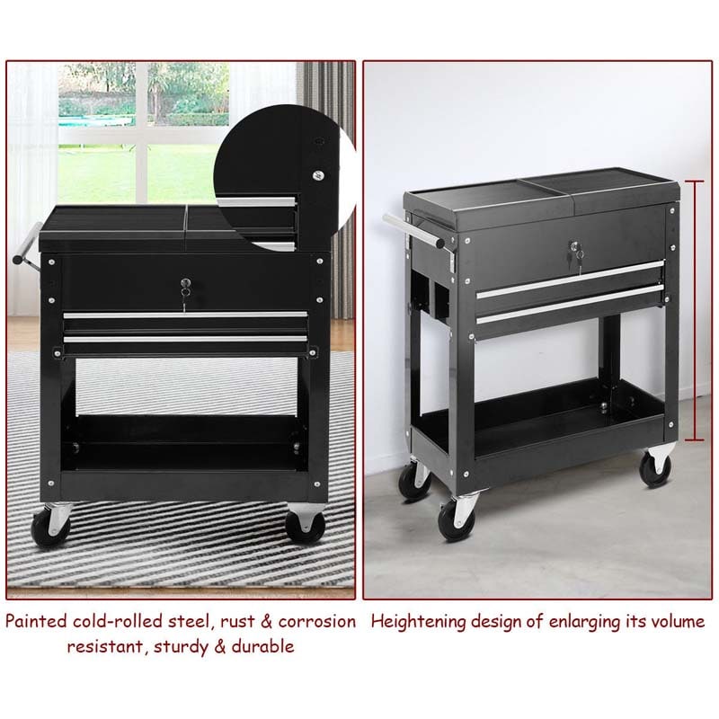 Portable Rolling Tool Cart 2-Drawer Tool Storage Cabinet Metal Toolbox Organizer with Slide Top