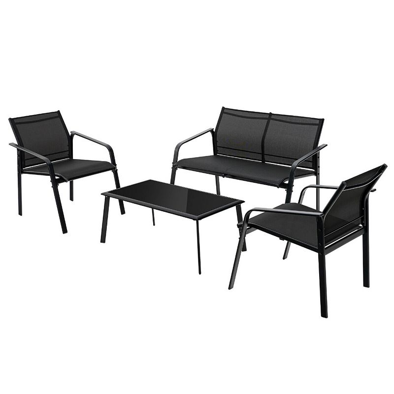 4 Pieces Patio Furniture Set with Armrest Loveseat Sofas and Glass Table Deck