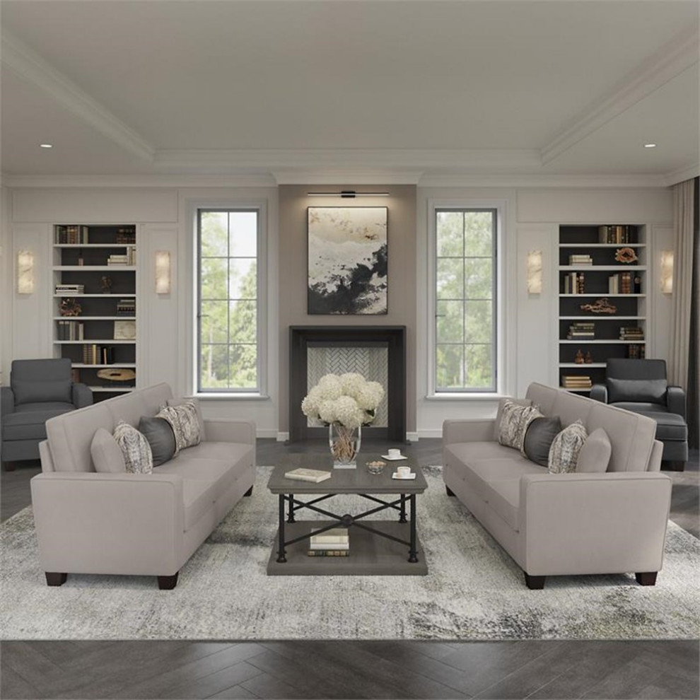 Pemberly Row 102W Couch with Reversible Chaise in Beige Herringbone Fabric   Transitional   Sectional Sofas   by Homesquare  Houzz