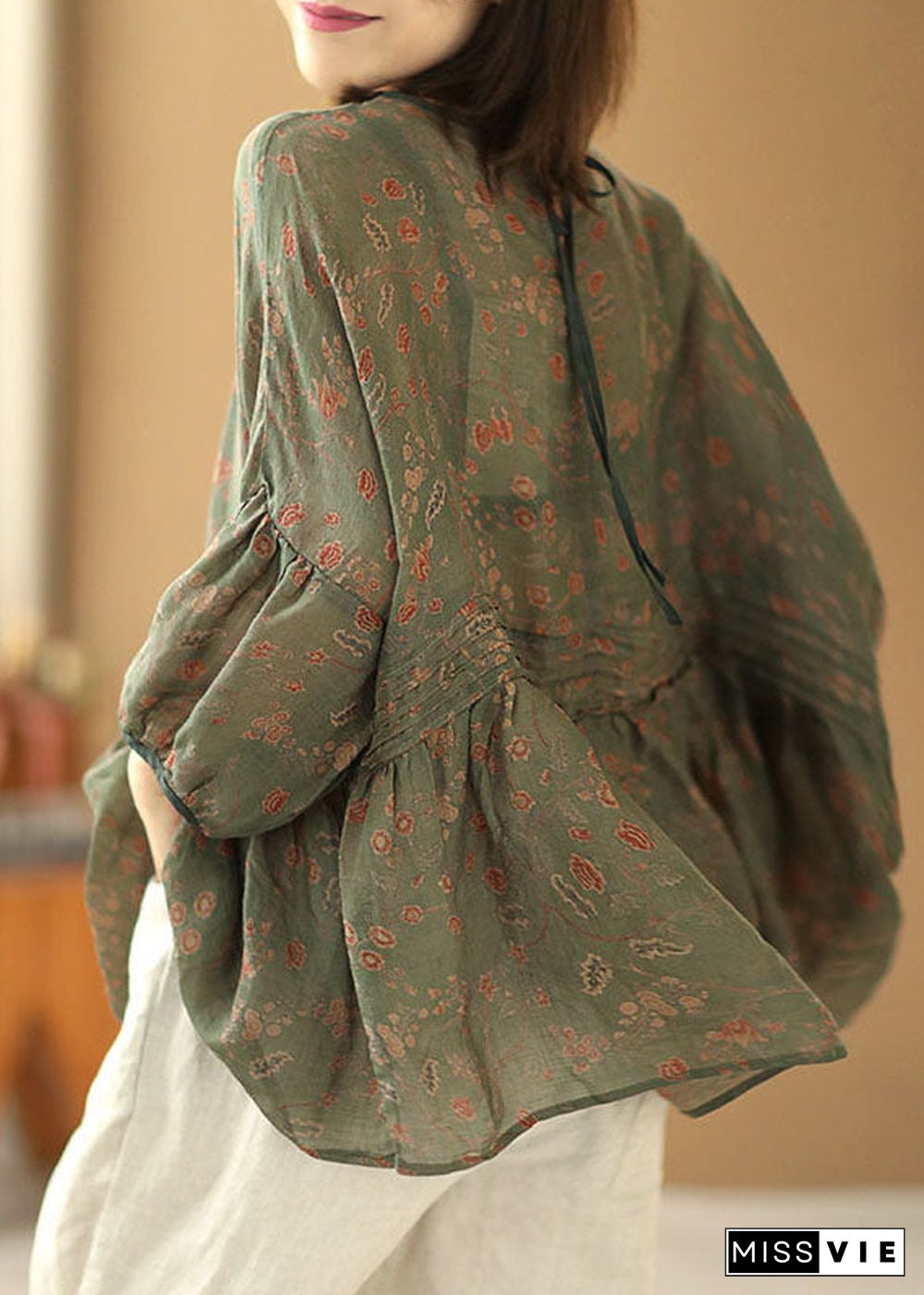 Plus Size Grey Green Print Wrinkled Patchwork Linen Shirt Tops Short Sleeve