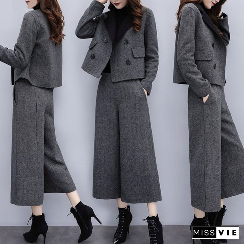 Autumn Winter Woolen Two Piece Sets Outfits Women Plus Size Short Coat And Wide Leg Pants Suits Elegant Office Korean Sets