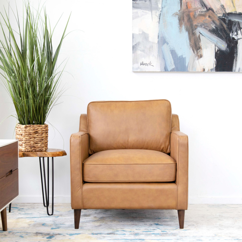 Liberty Mid Century Modern Cushion Back Genuine Leather Armchair  Tan   Midcentury   Armchairs And Accent Chairs   by Ashcroft Furniture Co.  Houzz