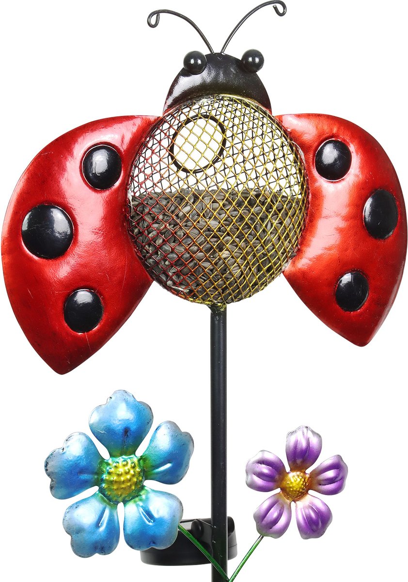 Exhart Solar Hand Painted Ladybug Metal Mesh Pellet Bird Feeder Garden Stake