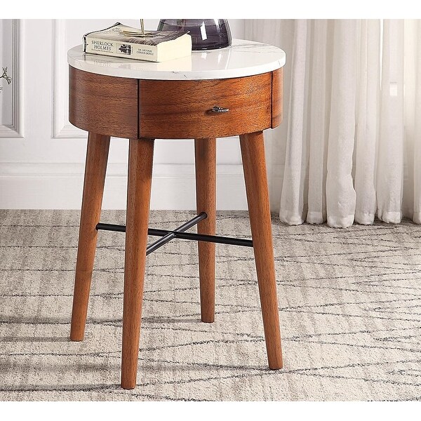 Round End Table with Faux Marble and Drawer Shelf Living Room Furniture