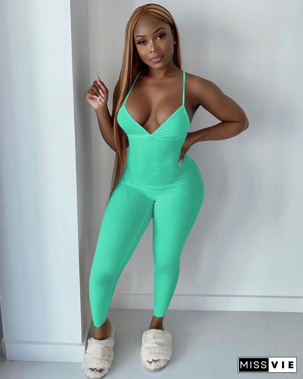 Women Sleeveless V-Neck Solid Ribbed Open Back Cross Summer Activewear Sexy One Piece Jumpsuit